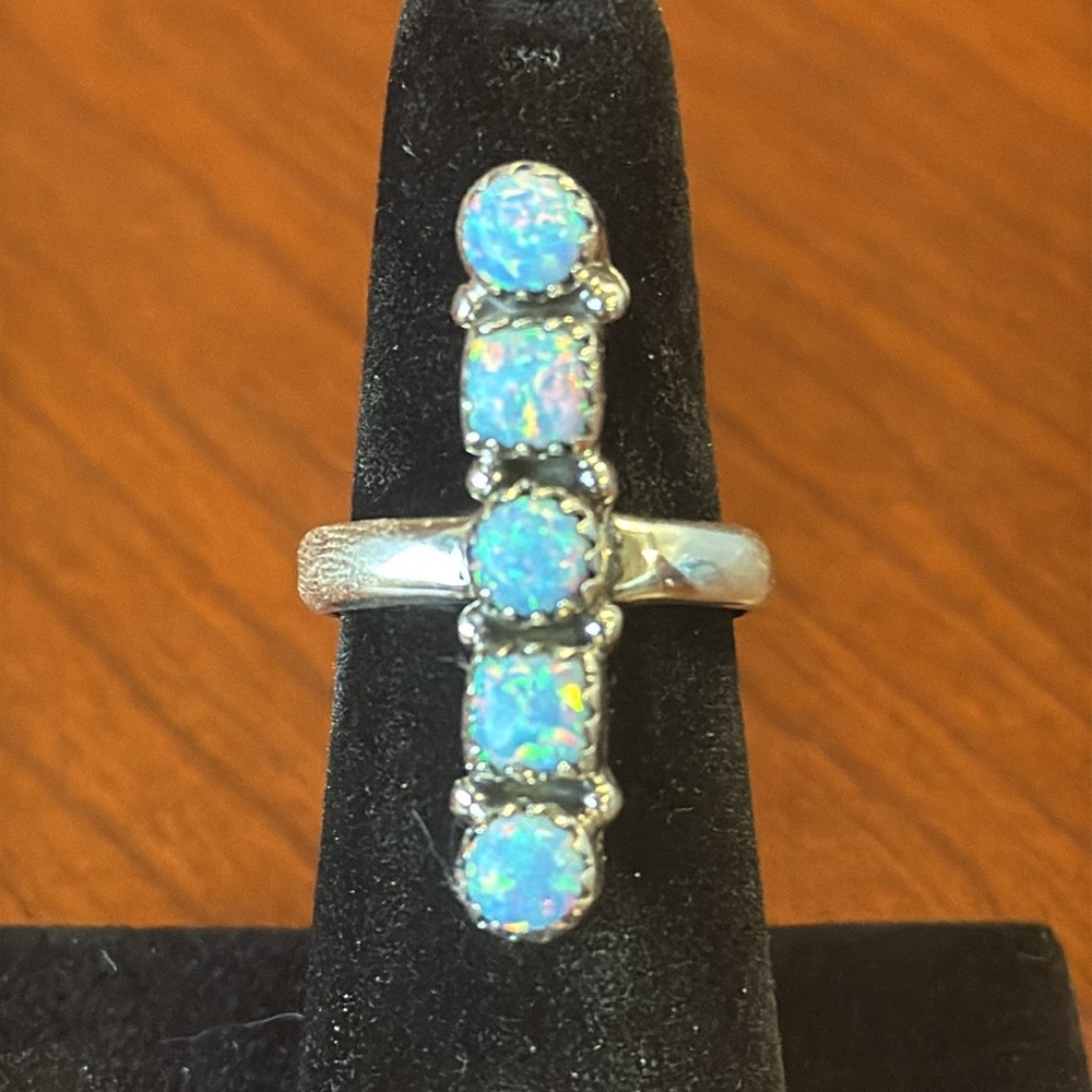 New 925 Sterling Silver Blue Opal Bar Ring - Adjustable